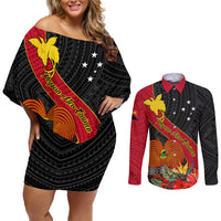 Personalised Papua New Guinea Couples Matching Off Shoulder Short Dress and Long Sleeve Button Shirts Bird Of Paradise With Tropical Flower - Wonder Print Shop