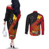 personalised-papua-new-guinea-couples-matching-off-the-shoulder-long-sleeve-dress-and-long-sleeve-button-shirts-bird-of-paradise-with-tropical-flower