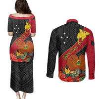 Personalised Papua New Guinea Couples Matching Puletasi Dress and Long Sleeve Button Shirts Bird Of Paradise With Tropical Flower - Wonder Print Shop