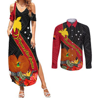 Personalised Papua New Guinea Couples Matching Summer Maxi Dress and Long Sleeve Button Shirts Bird Of Paradise With Tropical Flower - Wonder Print Shop