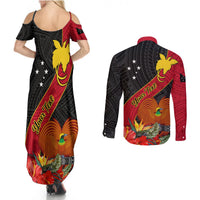 Personalised Papua New Guinea Couples Matching Summer Maxi Dress and Long Sleeve Button Shirts Bird Of Paradise With Tropical Flower - Wonder Print Shop