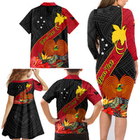 Personalised Papua New Guinea Family Matching Long Sleeve Bodycon Dress and Hawaiian Shirt Bird Of Paradise With Tropical Flower - Wonder Print Shop