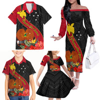 Personalised Papua New Guinea Family Matching Off Shoulder Long Sleeve Dress and Hawaiian Shirt Bird Of Paradise With Tropical Flower - Wonder Print Shop