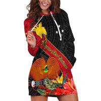 Personalised Papua New Guinea Hoodie Dress Bird Of Paradise With Tropical Flower - Wonder Print Shop