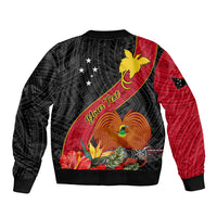 Personalised Papua New Guinea Sleeve Zip Bomber Jacket Bird Of Paradise With Tropical Flower - Wonder Print Shop