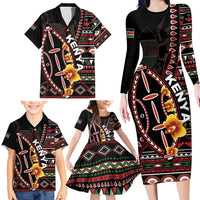 Personalized Kenya Family Matching Long Sleeve Bodycon Dress and Hawaiian Shirt Jamhuri ya Kenya Shield - Wonder Print Shop