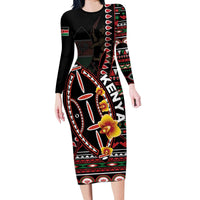 Personalized Kenya Long Sleeve Bodycon Dress Jamhuri ya Kenya Shield - Wonder Print Shop