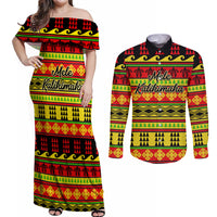 Custom Hawaii Christmas Couples Matching Off Shoulder Maxi Dress and Long Sleeve Button Shirt Hawaiian Quilt Pattern Reggae Version - Wonder Print Shop