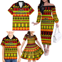 Custom Hawaii Christmas Family Matching Off Shoulder Long Sleeve Dress and Hawaiian Shirt Hawaiian Quilt Pattern Reggae Version - Wonder Print Shop