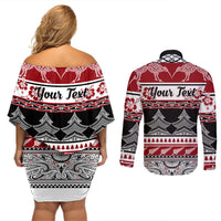 Custom New Zealand Christmas Couples Matching Off Shoulder Short Dress and Long Sleeve Button Shirt Maori Meri Kirihimete Moko - Wonder Print Shop
