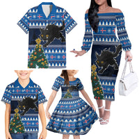 Custom Iceland Christmas Family Matching Off Shoulder Long Sleeve Dress and Hawaiian Shirt Yule Cat With Xmas Tree - Wonder Print Shop