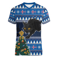 Custom Iceland Christmas Women V Neck T Shirt Yule Cat With Xmas Tree - Wonder Print Shop