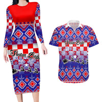 Custom Croatia Christmas Couples Matching Long Sleeve Bodycon Dress and Hawaiian Shirt Sretan Bozic Croatian Embroidery Patterns - Wonder Print Shop