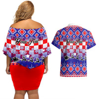 Custom Croatia Christmas Couples Matching Off Shoulder Short Dress and Hawaiian Shirt Sretan Bozic Croatian Embroidery Patterns - Wonder Print Shop