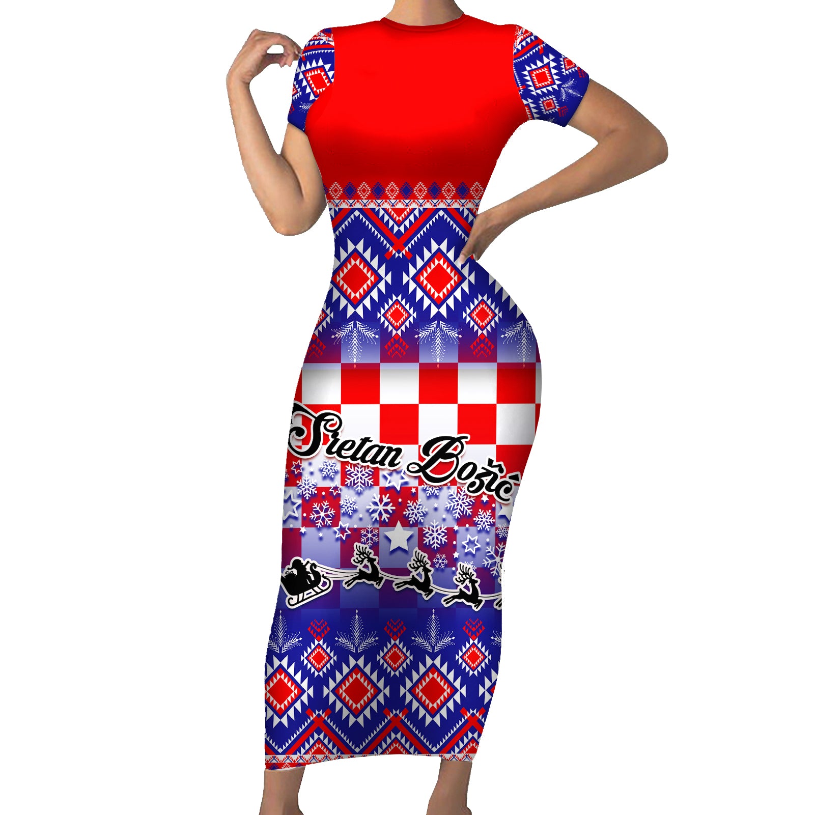 custom-croatia-christmas-short-sleeve-bodycon-dress-sretan-bozic-croatian-embroidery-patterns