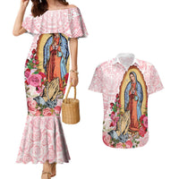 Virgen de Guadalupe Couples Matching Mermaid Dress and Hawaiian Shirt Rose Flower Mexican Aztec Pattern - Wonder Print Shop