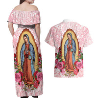 Virgen de Guadalupe Couples Matching Off Shoulder Maxi Dress and Hawaiian Shirt Rose Flower Mexican Aztec Pattern - Wonder Print Shop