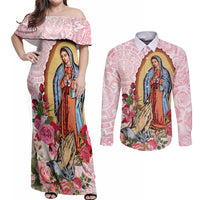 Virgen de Guadalupe Couples Matching Off Shoulder Maxi Dress and Long Sleeve Button Shirt Rose Flower Mexican Aztec Pattern - Wonder Print Shop