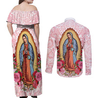 Virgen de Guadalupe Couples Matching Off Shoulder Maxi Dress and Long Sleeve Button Shirt Rose Flower Mexican Aztec Pattern - Wonder Print Shop