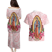 Virgen de Guadalupe Couples Matching Puletasi and Hawaiian Shirt Rose Flower Mexican Aztec Pattern - Wonder Print Shop