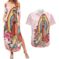 Virgen de Guadalupe Couples Matching Summer Maxi Dress and Hawaiian Shirt Rose Flower Mexican Aztec Pattern - Wonder Print Shop