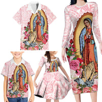 Virgen de Guadalupe Family Matching Long Sleeve Bodycon Dress and Hawaiian Shirt Rose Flower Mexican Aztec Pattern - Wonder Print Shop