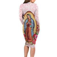 Virgen de Guadalupe Family Matching Long Sleeve Bodycon Dress and Hawaiian Shirt Rose Flower Mexican Aztec Pattern - Wonder Print Shop
