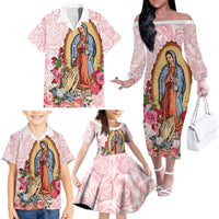 Virgen de Guadalupe Family Matching Off The Shoulder Long Sleeve Dress and Hawaiian Shirt Rose Flower Mexican Aztec Pattern - Wonder Print Shop
