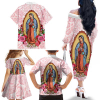 Virgen de Guadalupe Family Matching Off The Shoulder Long Sleeve Dress and Hawaiian Shirt Rose Flower Mexican Aztec Pattern - Wonder Print Shop