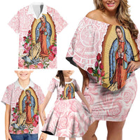 Virgen de Guadalupe Family Matching Off Shoulder Short Dress and Hawaiian Shirt Rose Flower Mexican Aztec Pattern - Wonder Print Shop
