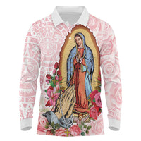 Virgen de Guadalupe Long Sleeve Polo Shirt Rose Flower Mexican Aztec Pattern - Wonder Print Shop