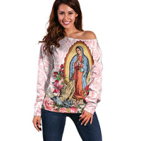 Virgen de Guadalupe Off Shoulder Sweater Rose Flower Mexican Aztec Pattern - Wonder Print Shop
