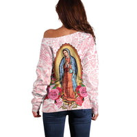 Virgen de Guadalupe Off Shoulder Sweater Rose Flower Mexican Aztec Pattern - Wonder Print Shop