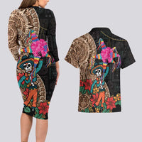Las Posadas Couples Matching Long Sleeve Bodycon Dress and Hawaiian Shirt Pinata With Mexican Aztec Circle - Wonder Print Shop