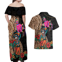 Las Posadas Couples Matching Off Shoulder Maxi Dress and Hawaiian Shirt Pinata With Mexican Aztec Circle - Wonder Print Shop