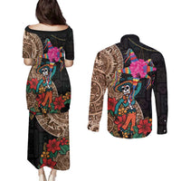 Las Posadas Couples Matching Puletasi and Long Sleeve Button Shirt Pinata With Mexican Aztec Circle - Wonder Print Shop