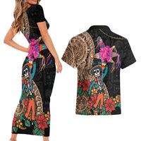 Las Posadas Couples Matching Short Sleeve Bodycon Dress and Hawaiian Shirt Pinata With Mexican Aztec Circle - Wonder Print Shop