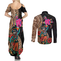 Las Posadas Couples Matching Summer Maxi Dress and Long Sleeve Button Shirt Pinata With Mexican Aztec Circle - Wonder Print Shop