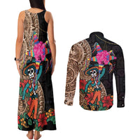 Las Posadas Couples Matching Tank Maxi Dress and Long Sleeve Button Shirt Pinata With Mexican Aztec Circle - Wonder Print Shop