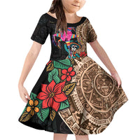 Las Posadas Family Matching Off Shoulder Short Dress and Hawaiian Shirt Pinata With Mexican Aztec Circle - Wonder Print Shop