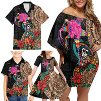 Las Posadas Family Matching Off Shoulder Short Dress and Hawaiian Shirt Pinata With Mexican Aztec Circle - Wonder Print Shop