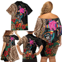 Las Posadas Family Matching Off Shoulder Short Dress and Hawaiian Shirt Pinata With Mexican Aztec Circle - Wonder Print Shop