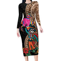 Las Posadas Long Sleeve Bodycon Dress Pinata With Mexican Aztec Circle - Wonder Print Shop