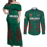Custom Bangladesh Cricket Couples Matching Off Shoulder Maxi Dress and Long Sleeve Button Shirt The Tigers Go Champions - Wonder Print Shop