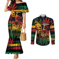 Personalized Reggae King Marley One Love Couples Matching Mermaid Dress and Long Sleeve Button Shirt Rastafarian Lion Grunge