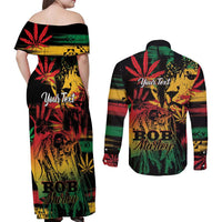 Personalized Reggae King Marley One Love Couples Matching Off Shoulder Maxi Dress and Long Sleeve Button Shirt Rastafarian Lion Grunge