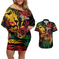 Personalized Reggae King Marley One Love Couples Matching Off Shoulder Short Dress and Hawaiian Shirt Rastafarian Lion Grunge
