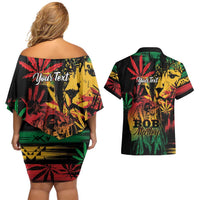 Personalized Reggae King Marley One Love Couples Matching Off Shoulder Short Dress and Hawaiian Shirt Rastafarian Lion Grunge
