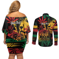 Personalized Reggae King Marley One Love Couples Matching Off Shoulder Short Dress and Long Sleeve Button Shirt Rastafarian Lion Grunge