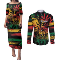 Personalized Reggae King Marley One Love Couples Matching Puletasi and Long Sleeve Button Shirt Rastafarian Lion Grunge